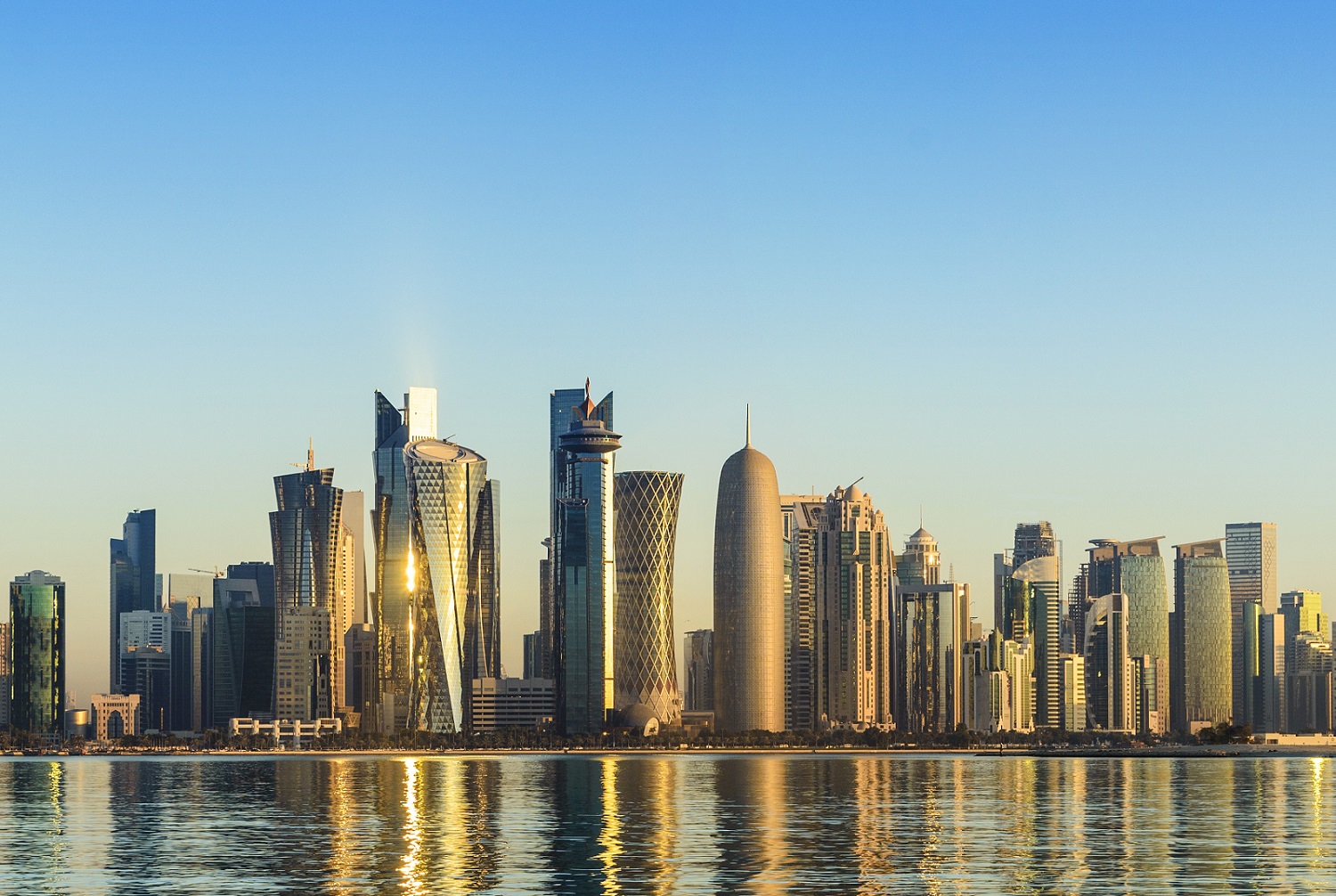 The Downtown Doha City Skyline at Sunset, Qatar.